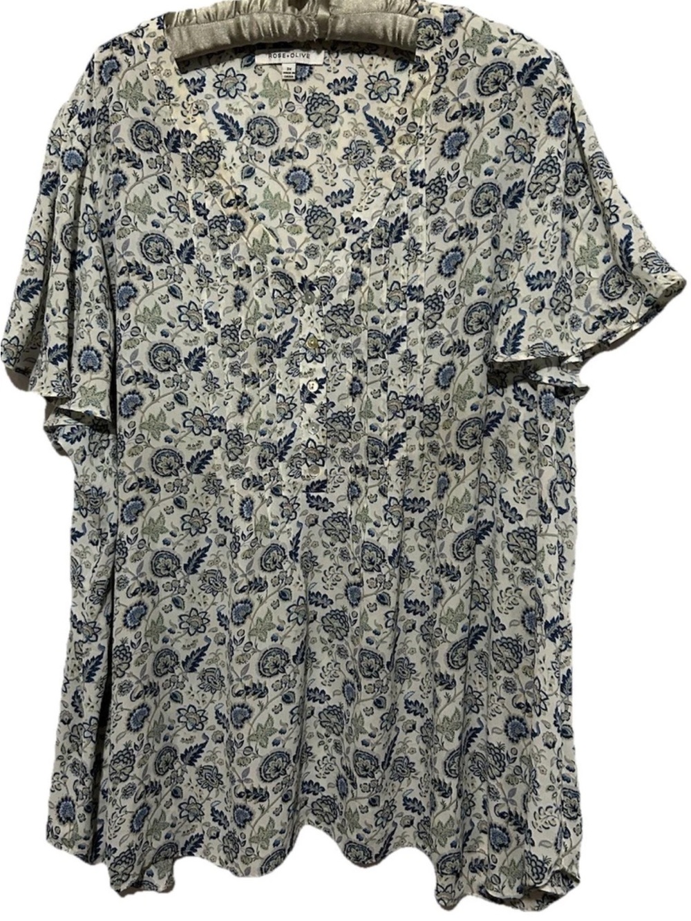 Rose + Olive Top 3X Silky Blue Artsy Floral Cottagecore Plus Size Shirt Blouse